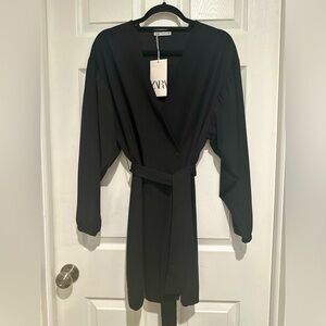 NWT Zara Black Wrap Dress Belted Long Sleeve Mini Size M